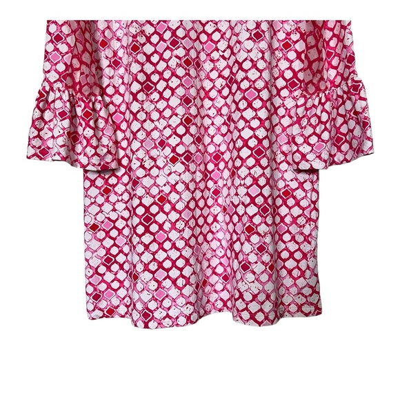 Ibkül Pink White Geo Print Long Mesh Sleeve 1/4 Popover Shift Active Dress Sz L - Picture 3 of 13